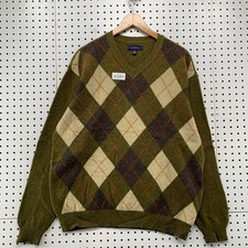 Club Room Wool Sweater Mens 2XL Green Argyle V Neck Grandpa 100 Lambswool