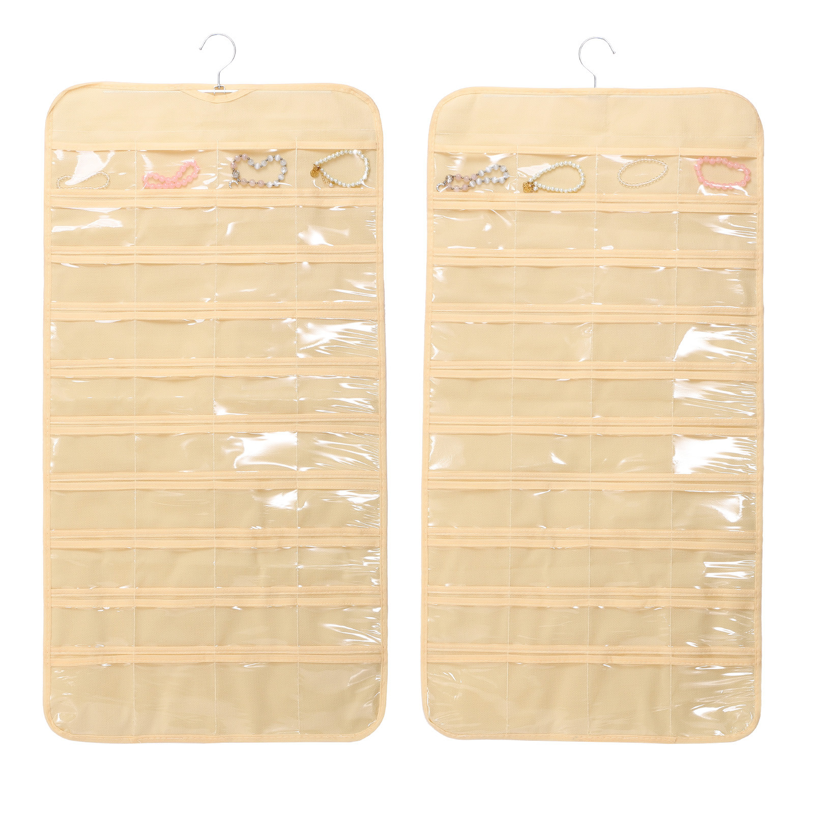 Dual-Sided Beige Jewelry Organizer with 80 Pockets for Necklaces Earrings & More  