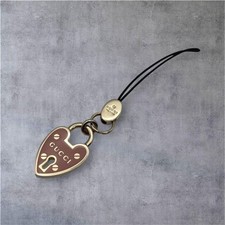 GUCCI Heart Charm Strap Keychain Key Ring Brown Silver Metal No Box Used Japan