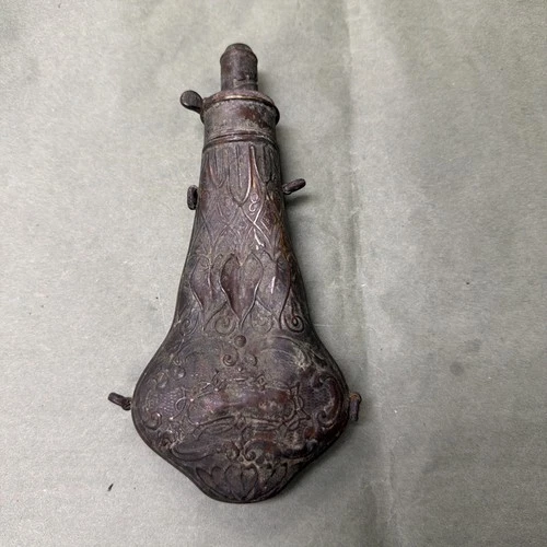 Vintage Mid-19th Century Black Powder Flask - Embossed Basketweave Design
