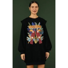 Farm Rio Amazonia Oversized Puff Shoulder Sweatshirt Dress, Size Small, Black