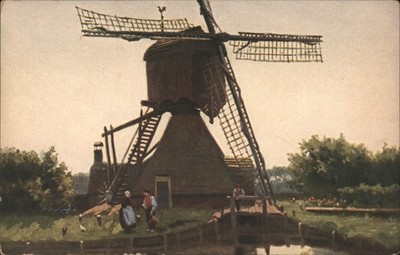 Windmill with Figures, Traditional Attire Original Vintage Postcard