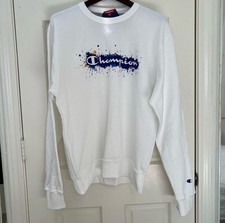 New Champion Women  s White And Blue Classic Crewneck Sweatshirt - Medium
