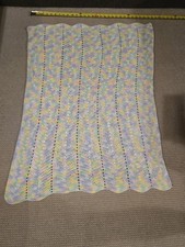 VTG 70s Crochet Baby Blanket Pastel Variegated Ripple Chevron Afghan Appro31x41