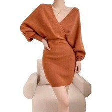 Boutique V-neck Ribbed Mini Sweater Dress Batwing Puff Sleeves Autumn Women's M