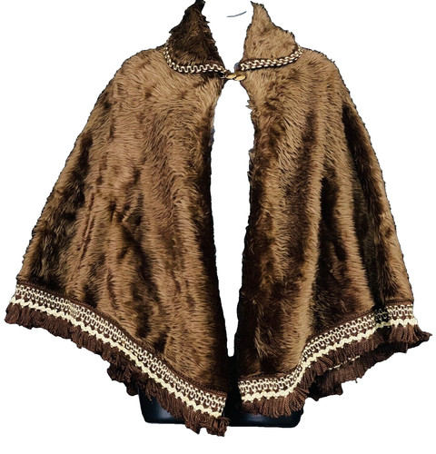 Vintage 1970s dark brown faux fur cape shawl wrap boho fringe costume light