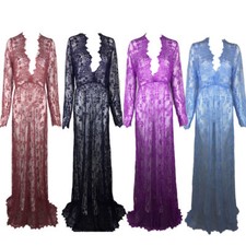 Sexy Women Mesh Sheer Lace Sleepwear Deep V Neck Maxi Nightgown Dress G-string