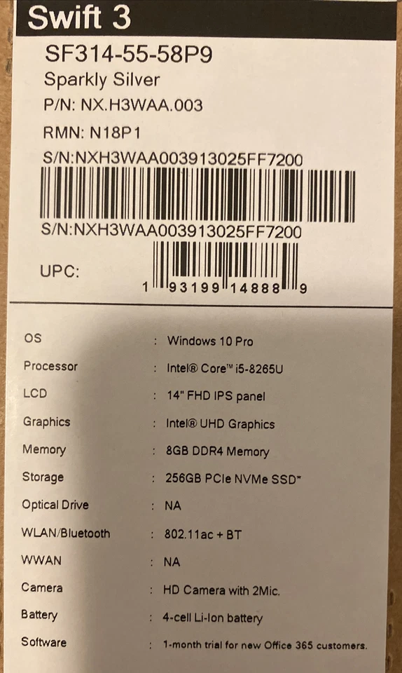 NEW Acer Swift 3 SF314-55-58P9 14" Notebook - 1920 x 1080 Core i5 i5-8265U 8 GB - Image 2 of 4