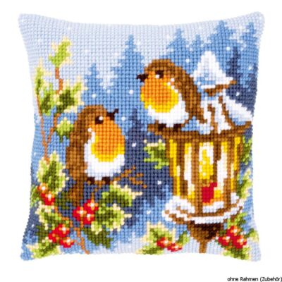 Vervaco Kreuzstichkissen ''Rotkehlchen mit Lampe'', Stickbild vorgezeichnet