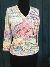 MARK RICHARDS Sz M Silk Blend Knit Top V Neck 3/4 Sleeves Multi Color 