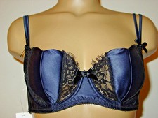 Fredericks of Hollywood Bra Blue Satin Black Lace Inserts Padded-S-NWT- 44.50
