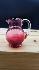 Vtg Miniature Cranberry Glass Pitcher Clear Handle Ribbed Top