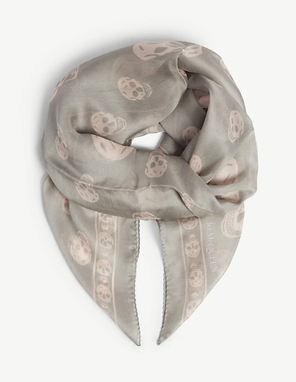 NEW Alexander McQueen Classic Skull Print Silk Scarf In Lead/Pink