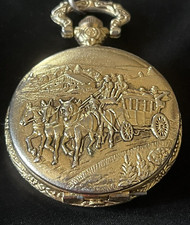 AZUR GOLD-TONED MEN'S POCKET WATCH ON CHAIN COUNTRY WESTERN CARRIAGES THEME