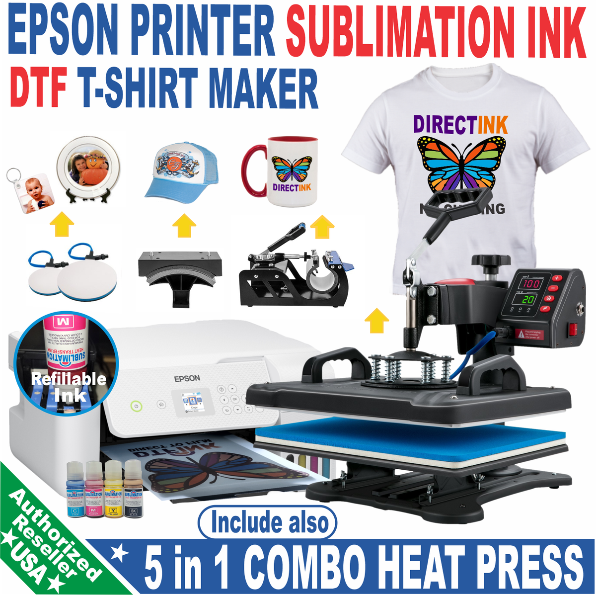 Epson Printer with Sublimation ink 5-in-1 Heat Press plus DTF T 