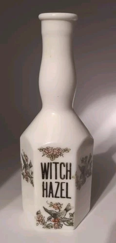 Vintage Hexagonal White Clambroth Milk Glass Barber Bottle Witch Hazel Birds
