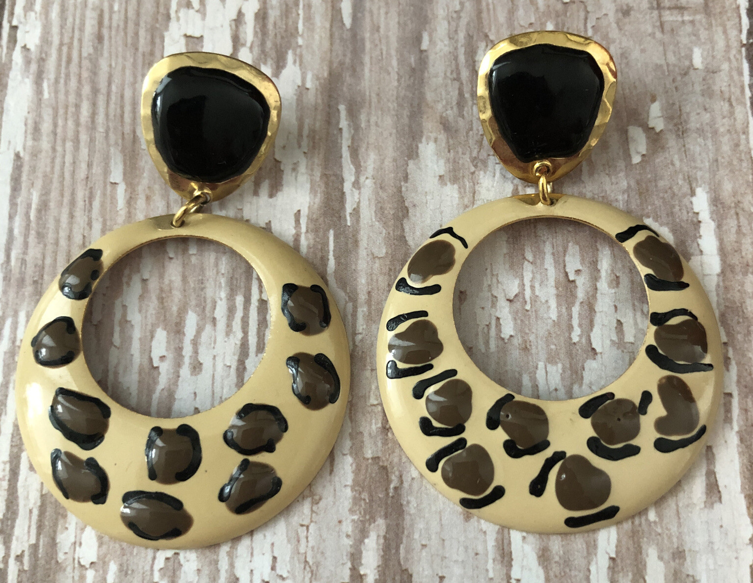 Vintage Leopard Painted Drop Dangle Earrings Larg… - image 1