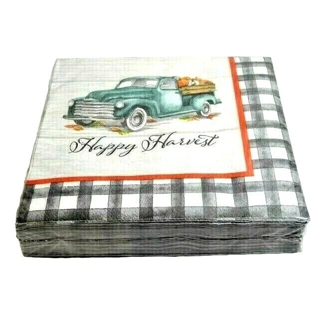 Servilletas de papel de fiesta Happy Harvest vintage azul camión 2 capas 36 piezas calabazas cheques Foto 2 de 2
