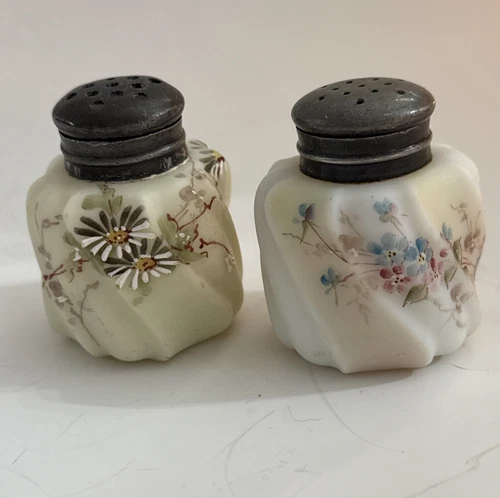 Antique EAPG Glass Salt & Pepper Wave Crest Shakers w/ Floral Decoration Set