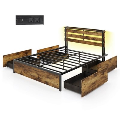 Queen Size Bed Frame w/ Drawers LED Lights Outlets & USB Ports Smart APP Control