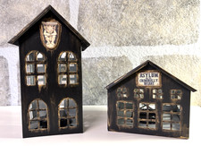 Halloween Houses Light-up Pair of Metal Buildings Black w/Gold Tested Working