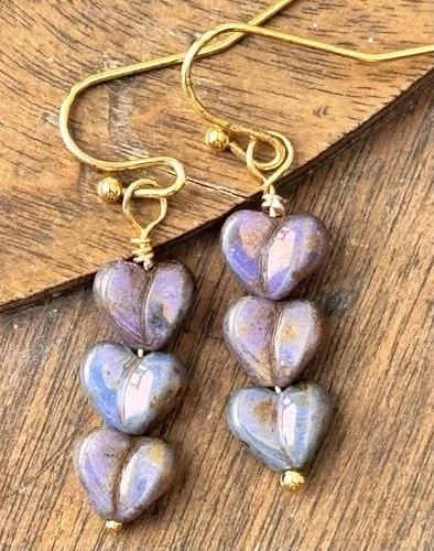 Little Gold and Opalescent Lavender Picasso Czech Heart Bead Earrings. Love.