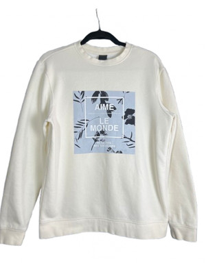 H&M Men's Reflective Crew neck ''Aime Le Monde''sweatshirt, Cream/gray black, Sz M