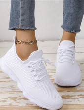 White Mesh Lace Up Athletic Sneakers Breathab...