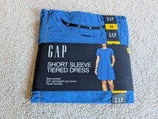 NWT Gap Medium Tiered Dress Jersey Casual Blue Short Sleeve Pullover Pockets