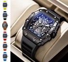 Men's Skeleton Dial Tonneau Quartz Watch Silicone Strap Sport Fashion Wristwatch