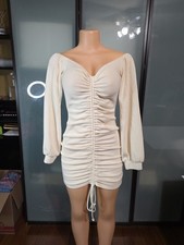 Fashion Nova Women's Beige Ruched Dress Size M Long Sleeve