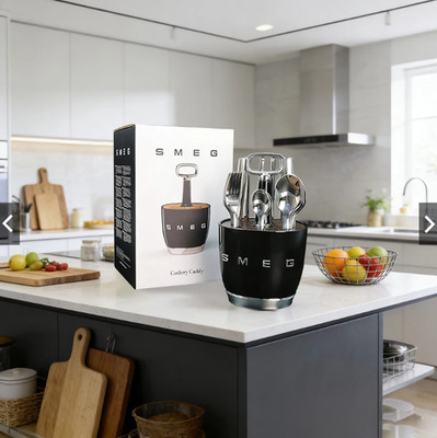 SMEG 50 s Style Cutlery Caddy with 24-Piece Cutlery Set   Onyx Black