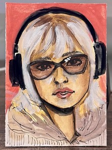 Original ACEO ATC Painting | Cool Girl w Sunglasses & Headphones | Music Dancing