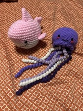 Homemade Crochet Jellyfish And Pink Shark