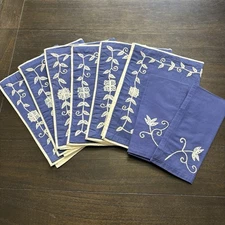 Vintage Dark Blue Embroidered Placemats Set of 6 w/ 2 Napkins Floral Border
