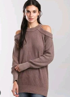 BKE Buckle Sweater Womens XL Washed Cold Shoulder Sweater Fall Winter Brown Warm