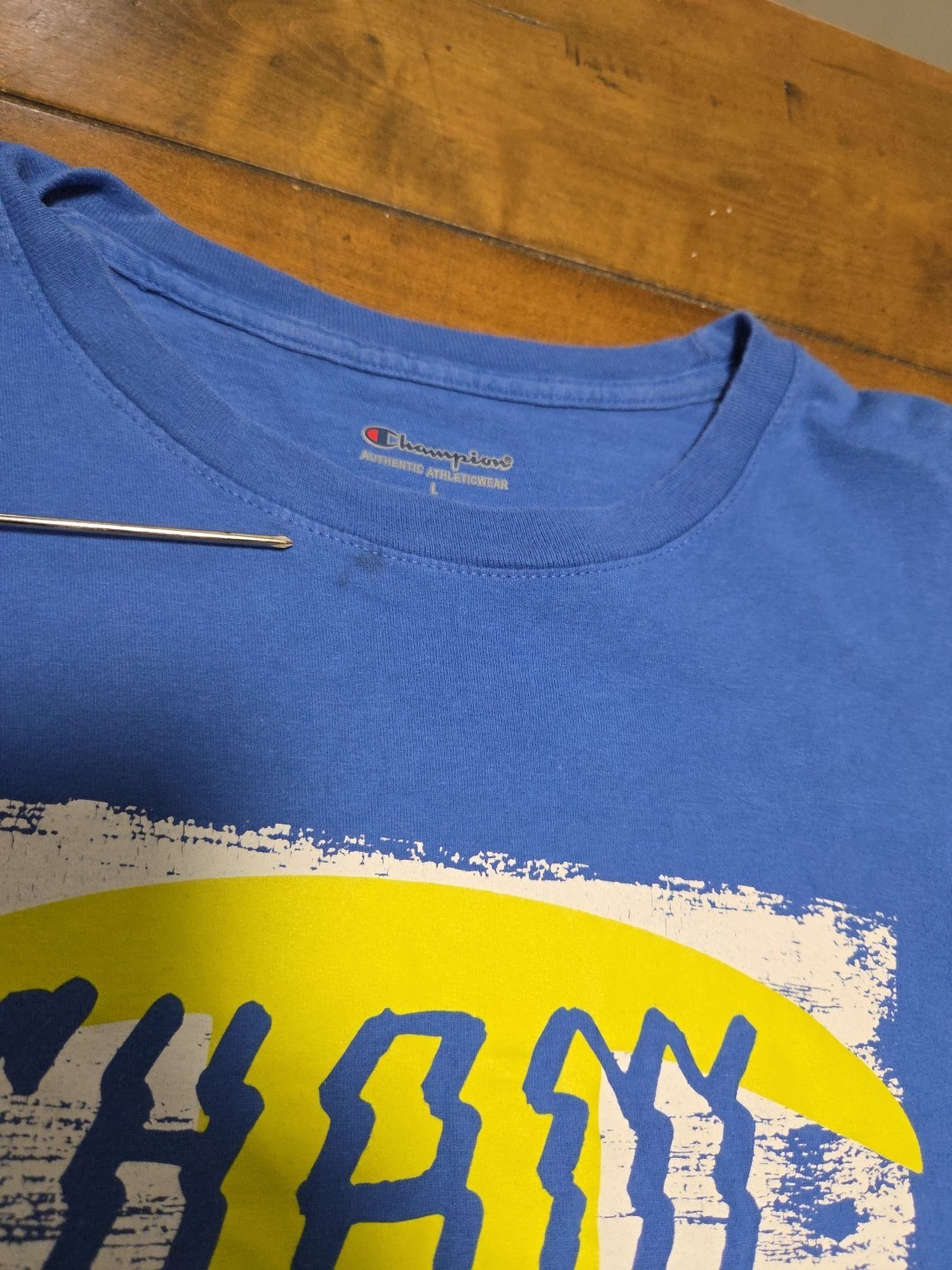 Champion Men's Graphic T-Shirt Large L Blue Yellow Glitch Script Spellout Tee image 5