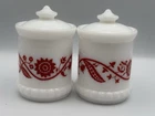 2 Vintage Hazel Atlas White Milk Glass Red Sweet Pea Spice Apothecary Jar w/Lid