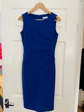 CALVIN KLEIN Cobalt Blue Fitted Fan Pleat Pencil Midi Dress Sz 10 Mint
