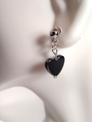 Hematite Heart Bead Drop Earrings Stainless Steel Post Harmony Protection Stone