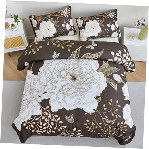 Comforter Set, Floral Bedding Comforter Sets, White Flowers and Queen Brown