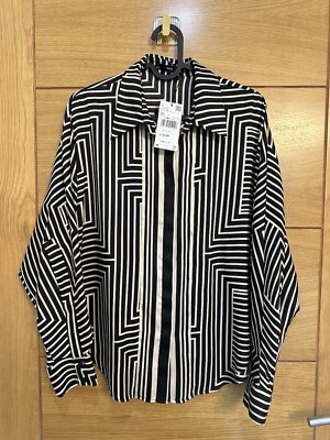 Mango Womens Shirt Mango Satin Silk Shirt Size XS Black Beige Geo Print New Tags
