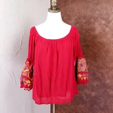 Vintage VaVa by Joy Han Peasant Style Embroidered Top Blouse Size M Red