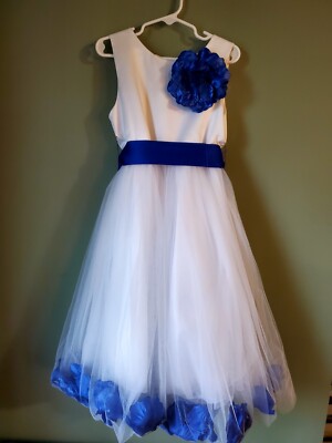 White Flower Girl Dress W/Royal Blue Flower Petals Accents Tulle Graduation  | eBay