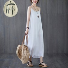 Women Summer Cotton Linen Round Neck Sleeveless Camisole Vest Long Slip Dress