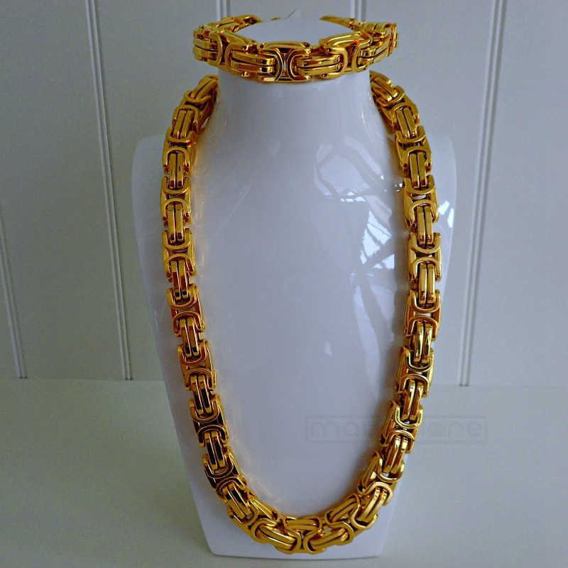 12MM BYZANTINER KÖNIGSKETTE + ARMBAND PANZERKETTE KETTE EDELSTAHL GOLD HALSKETTE