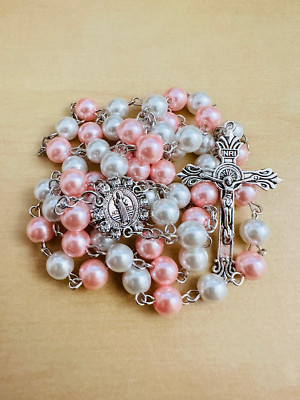 Saint St Benedict Glass Pearl Rosary Prayer Beads Crucifix Cross Pink Rosary
