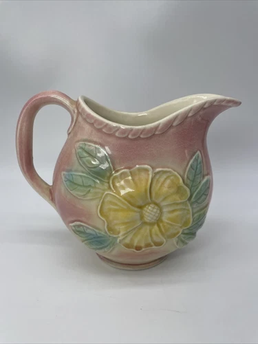 Vtg HULL MCM Sun Glow Pink Yellow Flowers Pitcher Planter #52 pattern 24oz