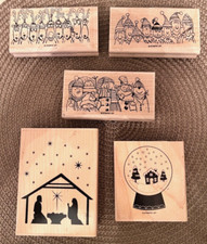 Lot of 5 Wooden Rubber Stamps, Reindeer Snow Globe Nativity Snowman