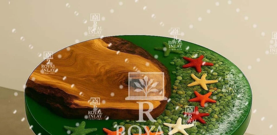 Ocean Inspired Green Epoxy Resin Table with Starfish | Live Edge Wood & Resin - Image 4 of 4